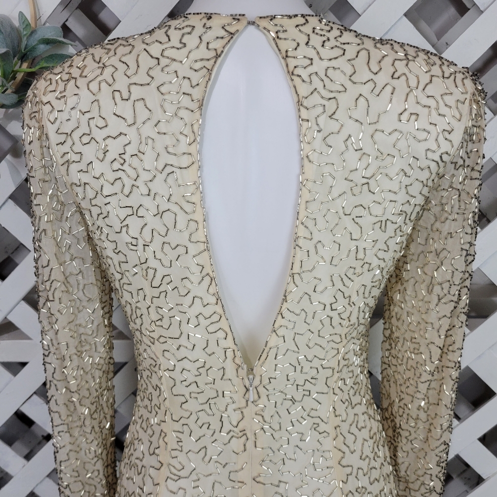 Stunning Vintage Black Tie Cream, Silver and Gold Sequin Open Back Dress Size 8 - Picture 10 of 16